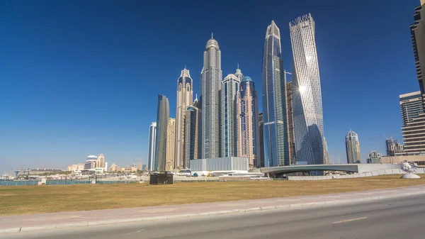 Festői Kilátás Dubai Marina Legmagasabb Felhőkarcoló Hajók Timelapse Hyperlapse Városkép — Stock Fotó