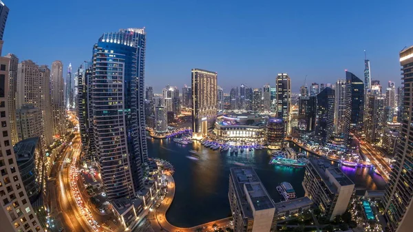 Večerní Osvětlení Dubai Marina Denní Noční Přechod Letecké Timelapse Spojené — Stock fotografie