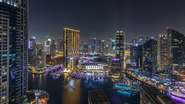 Iluminación Nocturna Del Timelapse Aéreo Dubai Marina Emiratos Árabes Unidos —  Fotos de Stock