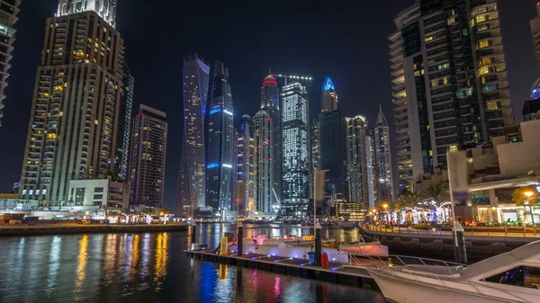Dubai Marina Bay Yachts Boats Timelapse Hyperlapse Tallest Skyscrapers Illuminated — Stock Photo, Image