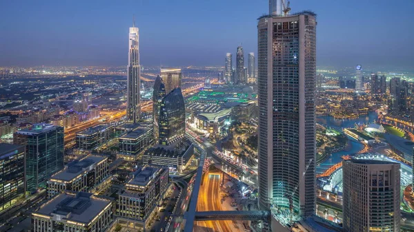 Dubai Downtown Giorno Notte Timelapse Transizione Torri Moderne Vista Panoramica — Foto Stock