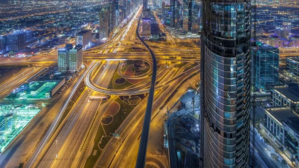 Мальовничі Центрі Дубая Ніч Timelapse Даху Зору Трафіку Вулиці Шейх — стокове фото