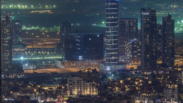 Dubai Downtown Night Timelapse Torres Modernas Vista Panorâmica Topo Dubai — Fotografia de Stock