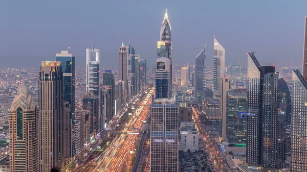 Dubai Skyline Centro Día Noche Timelapse Transición Vista Azotea Del —  Fotos de Stock