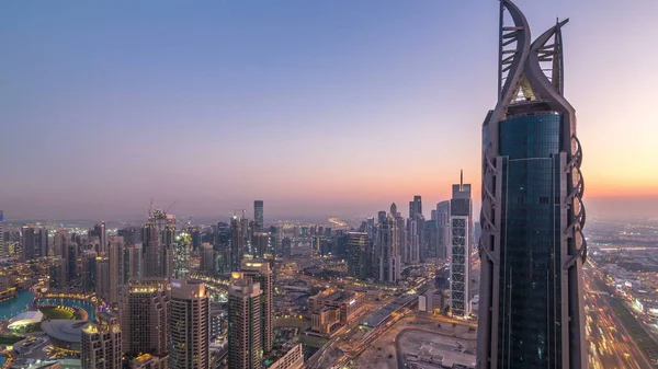 Dubai Downtown Dia Noite Transição Timelapse Torres Modernas Vista Panorâmica — Fotografia de Stock