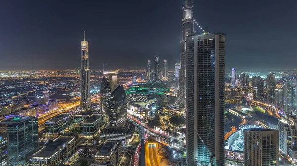 Downtown Dubai Nacht Timelapse Moderne Torens Panoramisch Uitzicht Vanaf Top — Stockfoto