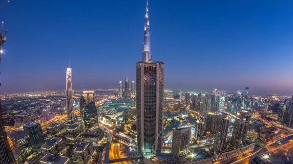 Dubai Centro Día Noche Timelapse Transición Modernas Torres Vista Panorámica —  Fotos de Stock