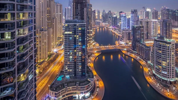 Schöne Luftaufnahme Von Tag Nacht Übergang Zeitraffer Aller Dubai Marina — Stockfoto