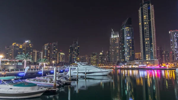 Dubai Marina Bay Yachts Boats Timelapse Hyperlapse Skyscrapers Illuminated Night — Stock Photo, Image
