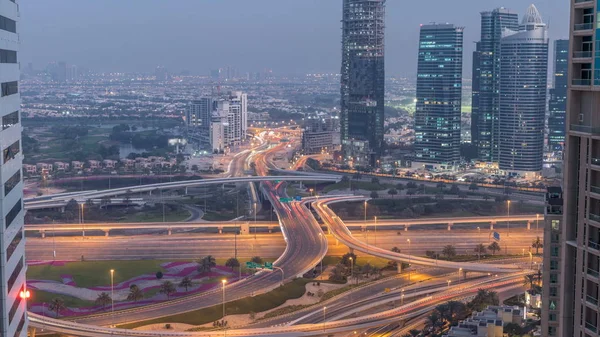 Egy Találkozásánál Nagy Város Nap Éjjel Átmenet Timelapse Légifelvételek Dubai — Stock Fotó