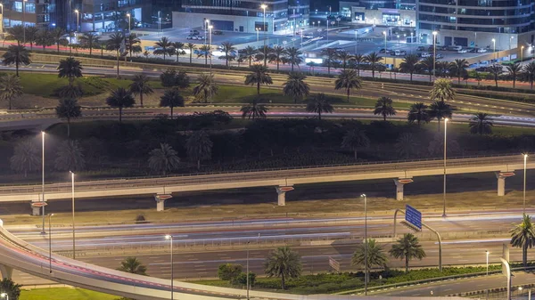 Vista Aérea Una Intersección Carreteras Gran Lapso Tiempo Nocturno Ciudad — Foto de Stock