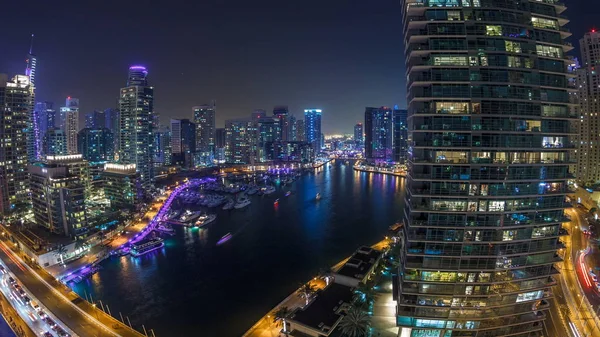 Canal Agua Dubai Marina Horizonte Por Noche Timelapse Torres Residenciales —  Fotos de Stock