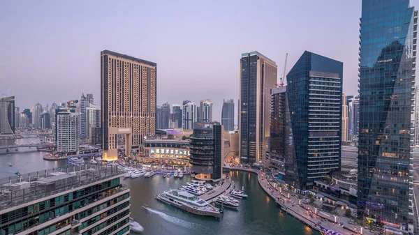 Schöne Luftaufnahme Von Tag Nacht Übergang Zeitraffer Aller Dubai Marina — Stockfoto