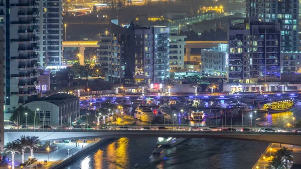 Víz Csatorna Sétány Dubai Marina Skyline Timelapse Éjszaka Lakossági Tornyok — Stock Fotó