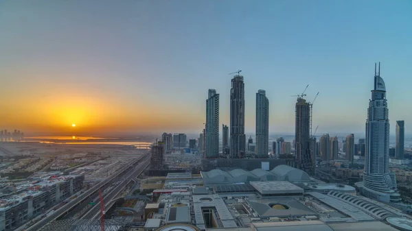 Dubai Centro Con Amanecer Timelapse Con Rascacielos Modernos Centro Comercial —  Fotos de Stock