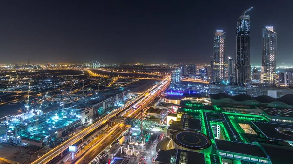 Dubai Céntrico Timelapse Noche Con Modernos Rascacielos Iluminados Centro Comercial — Foto de Stock