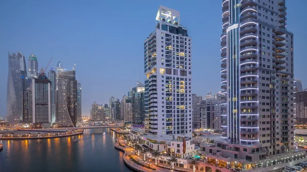 Aerial Top View Day Night Transition Timelapse Dubai Marina Promenade — Stock Photo, Image