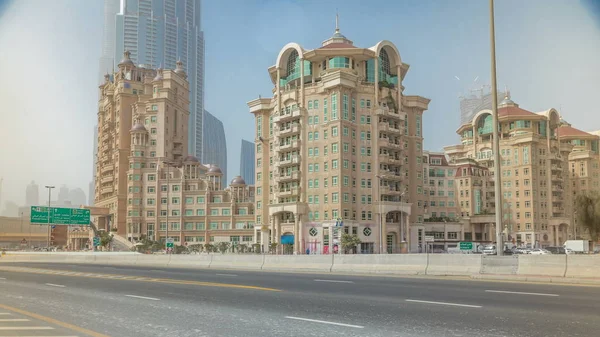 Dubai Financial Centre Skyscrapers Timelapse Traffic Road Foggy Weather Dubai — Stock Photo, Image