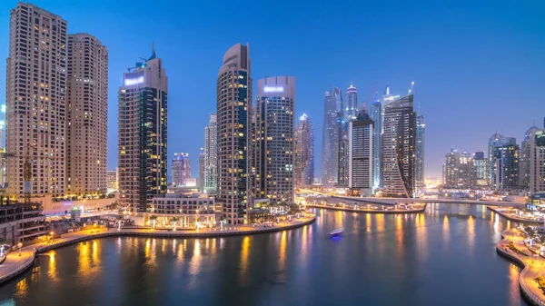 Letecký Pohled Horní Den Noční Přechod Timelapse Promenáda Dubai Marina — Stock fotografie