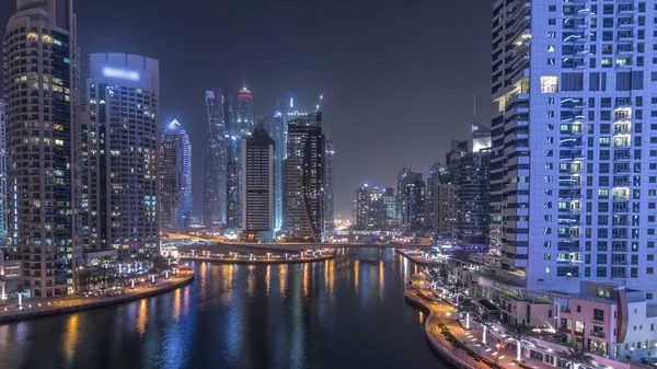 Canal Eau Promenade Sur Dubai Marina Skyline Nuit Timelapse Tours — Photo