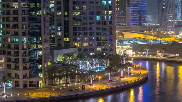 Vodní Kanál Promenáda Dubai Marina Panorama Noci Timelapse Obytné Věže — Stock fotografie