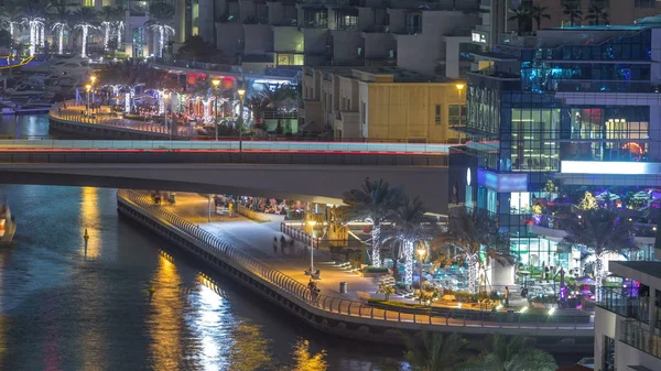 Víz Csatorna Sétány Dubai Marina Skyline Timelapse Éjszaka Lakossági Tornyok — Stock Fotó