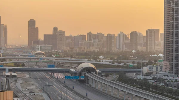 Légi Felvétel Jumeirah Lakes Towers Felhőkarcolók Barsha Kerületében Sunrise Timelapse — Stock Fotó