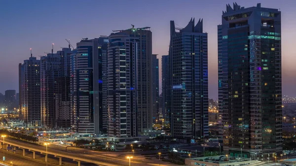 Aerial View Jumeirah Lakes Towers Illuminated Skyscrapers Night Day Transition — Stock Photo, Image