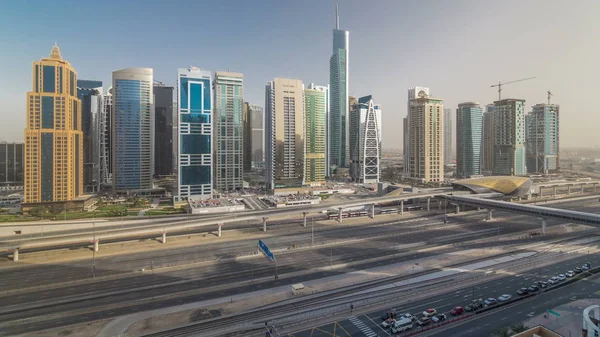 Légi Felvétel Jumeirah Lakes Towers Felhőkarcolók Timelapse Forgalom Sheikh Zayed — Stock Fotó