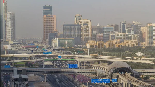 Flygfoto Över Jumeirah Lakes Towers Skyskrapor Och Barsha Distriktet Timelapse — Stockfoto