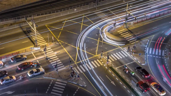 Flygfoto Över Road Vägkorsning Storstad Natt Timelapse Urbana Landskap Dubai — Stockfoto