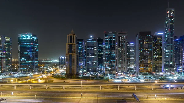 Lotu Ptaka Jumeirah Lakes Towers Oświetlone Wieżowce Noc Timelapse Ruchu — Zdjęcie stockowe