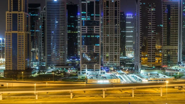 Luchtfoto Van Jumeirah Lakes Towers Met Verlichte Wolkenkrabbers Tijdens Alle — Stockfoto