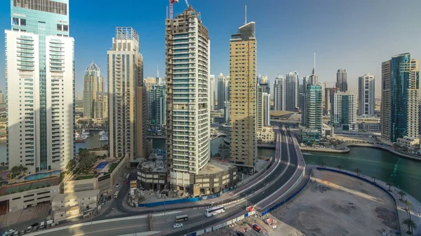 Utrolig Fargerik Dubai Marina Skyline Solnedgang Tidapse Flott Perspektiv Flere – stockfoto