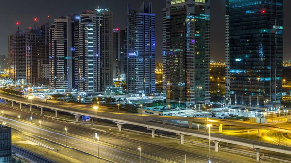 Luchtfoto Van Jumeirah Lakes Towers Met Verlichte Wolkenkrabbers Tijdens Alle — Stockfoto