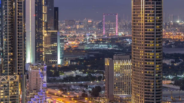 Dubai Céntrico Día Noche Timelapse Transición Edificios Modernos Lujo Iluminado —  Fotos de Stock