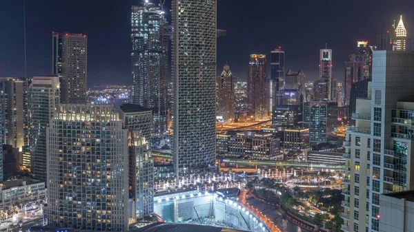 Dubai Belvárosi Éjszakai Timelapse Megvilágított Luxus Modern Épületek Futurisztikus Városkép — Stock Fotó