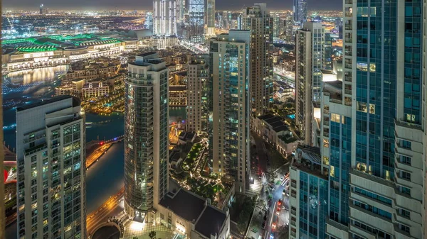 Dubai Centrum Nacht Timelapse Verlichte Luxe Moderne Gebouwen Fonteinen Futuristische — Stockfoto