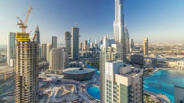 Dubai Centrum Avond Timelapse Luxe Moderne Gebouwen Fel Gele Zonsondergang — Stockfoto