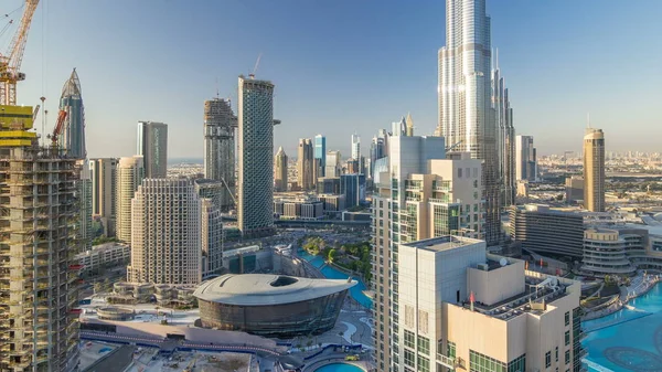 Dubai Downtown Evening Timelapse Luxury Modern Buildings Bright Yellow Sunset — Stock Photo, Image