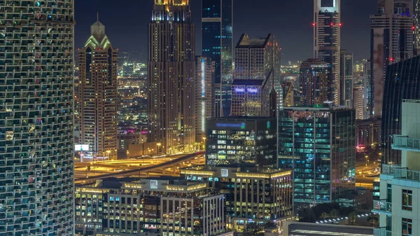 Dubai Downtown Night Timelapse Illuminated Luxury Modern Buildings Sheikh Zayed — Stock Photo, Image