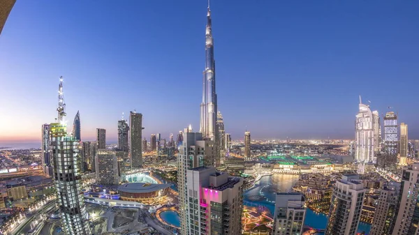 Dubaj Centrum Den Noční Přechod Timelapse Osvětlená Luxusní Moderní Budovy — Stock fotografie