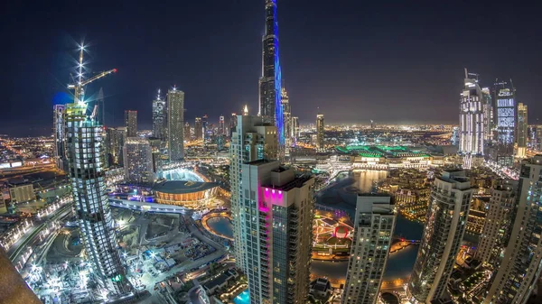 Dubaj Centrum Panorama Burj Khalifa Lightup Světelnou Show Letecké Timelapse — Stock fotografie