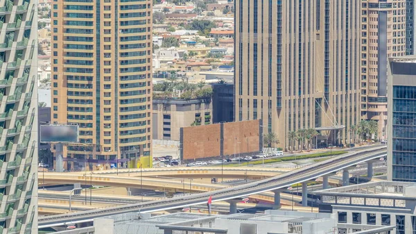 Tráfico Una Concurrida Intersección Autopista Sheikh Zayed Timelapse Aéreo Vista —  Fotos de Stock