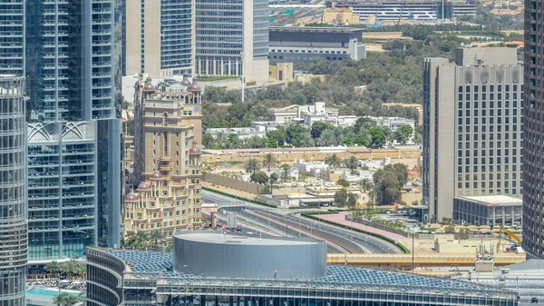 Dubai Downtown Słoneczny Dzień Timelapse Luksusowe Nowoczesne Budynki Ruchu Drogowego — Zdjęcie stockowe