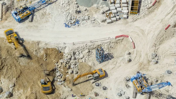 Large Construction Site Including Several Excavators Cranes Timelapse Working Building — Stock Photo, Image