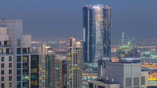 Ντουμπάι Κέντρο Ημέρα Βράδυ Μετάβαση Timelapse Φωτιζόμενο Πολυτελή Σύγχρονα Κτίρια — Φωτογραφία Αρχείου