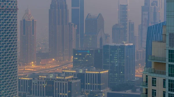 Туманное Утро Центре Дубая Ночь День Переход Timelapse Футуристический Вид — стоковое фото