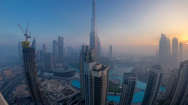 Foggy Morning Downtown Dubai Night Day Transition Timelapse Futuristic View — Stock Photo, Image
