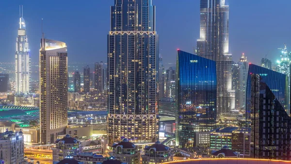 Dubai Skyline Centro Dia Noite Cronograma Transição Com Edifício Mais — Fotografia de Stock